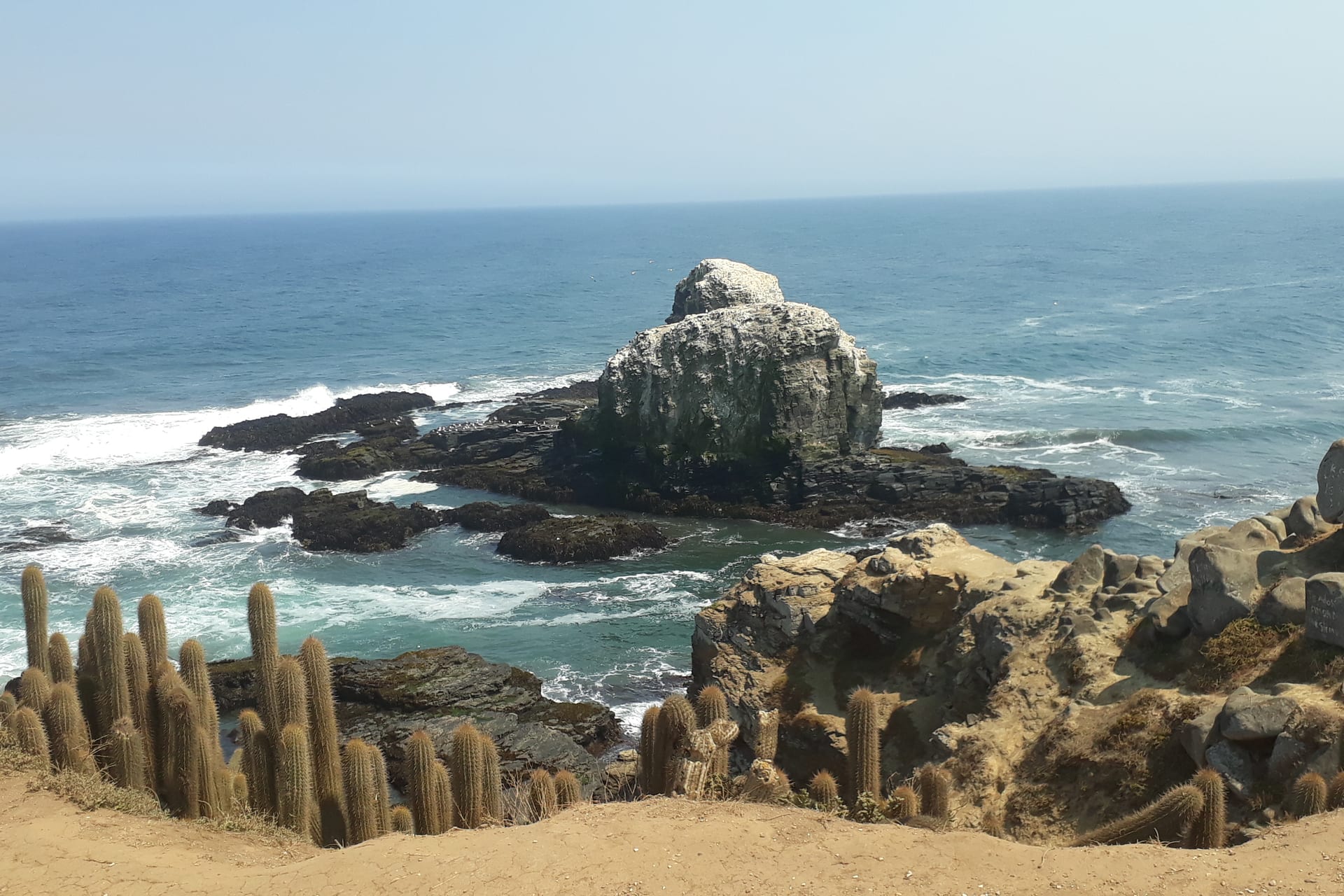 The sea stacks of Punta de Lobos rising out of the Pacific beside the cliff, in Pichilemu.