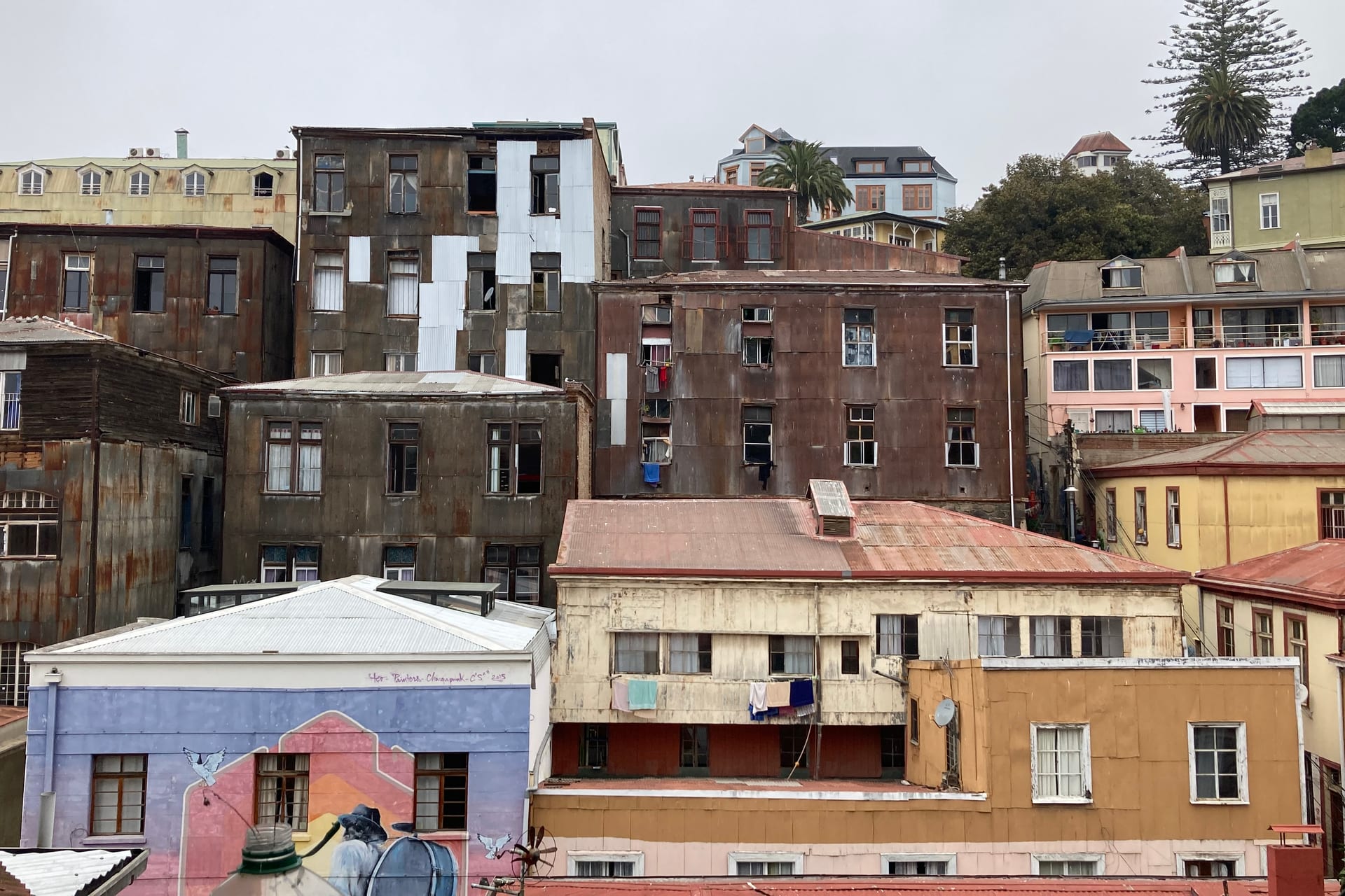 Houses stacked up the slope on one of Valparaíso's hills.